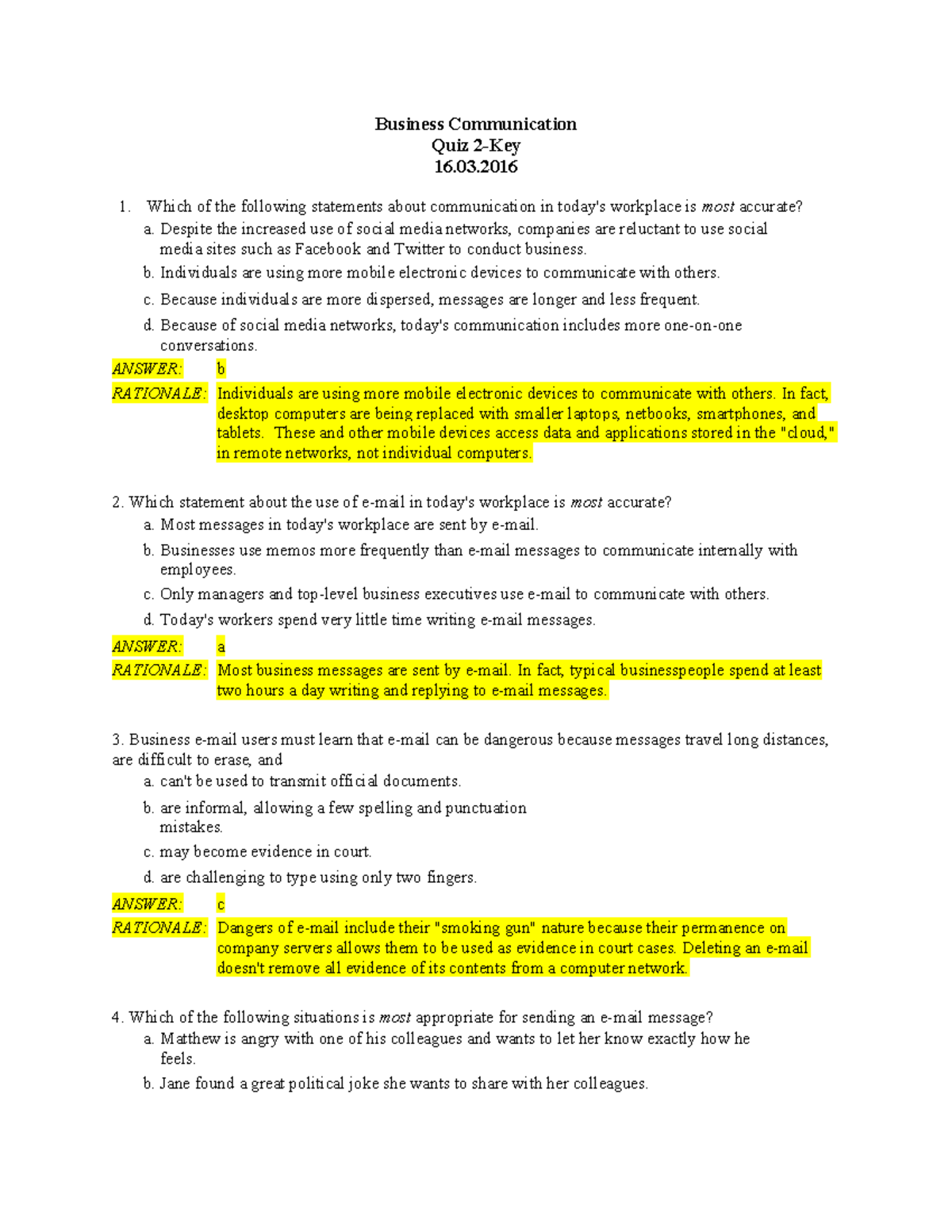 Business Communication Quiz 2 Key - Business Communication Quiz 2-Key ...