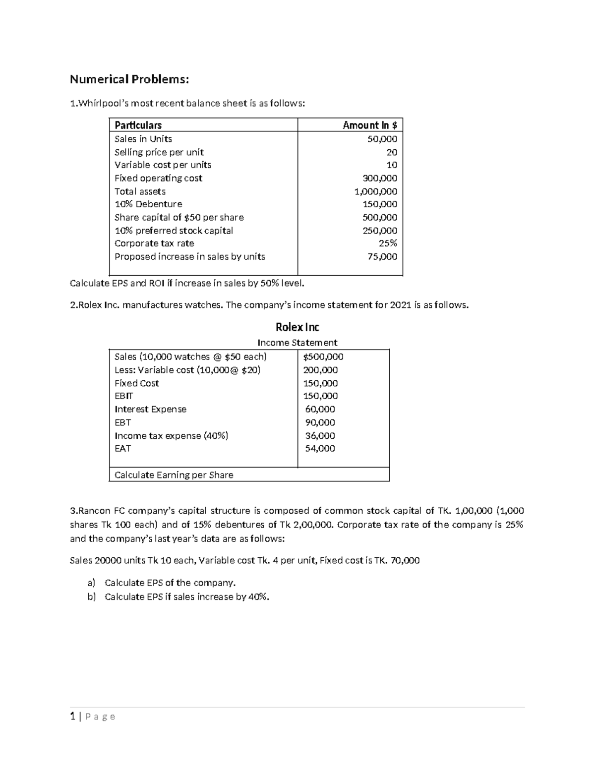 Ch 6 maths - Numerical Problems: 1’s most recent balance sheet is as ...