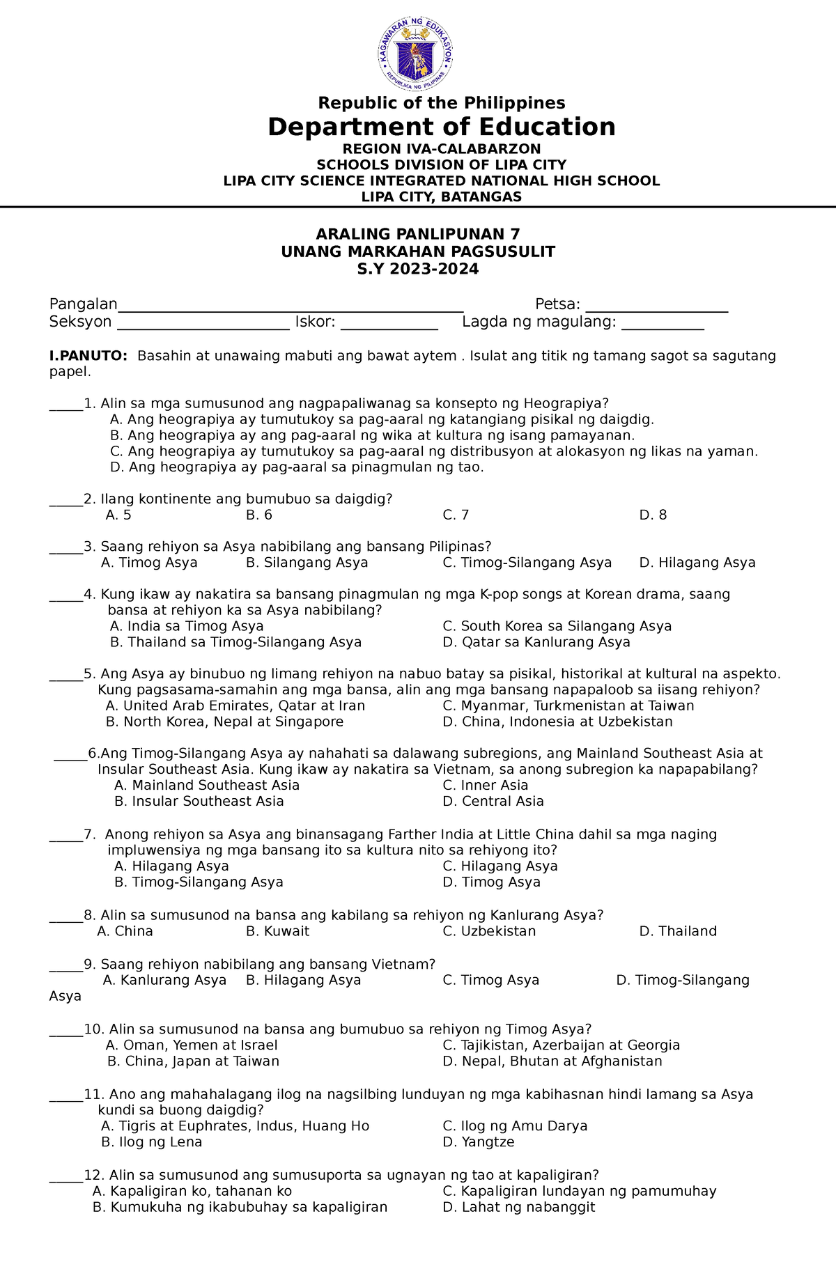 QE AP7 1st QTR SY23 24 - Assignment - Republic Of The Philippines ...