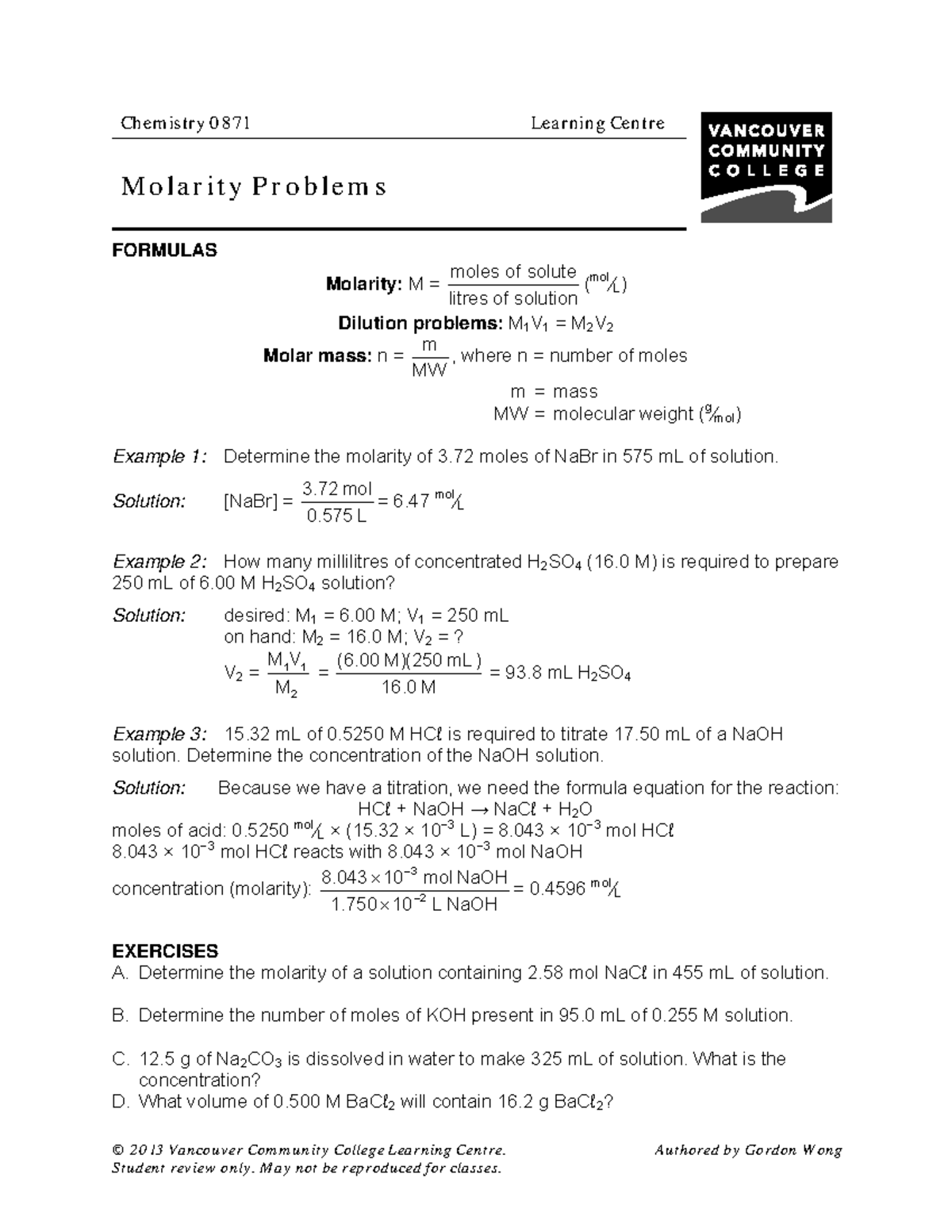 Chem0871-Molarity Problems - © 20 13 Vancouver Com m unity College