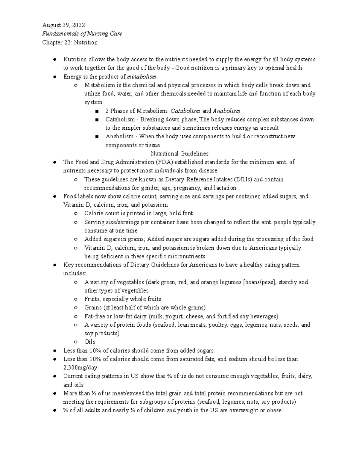 Chapter 23: Nutrition - Fundamentals of Nursing Care Chapter 23 ...