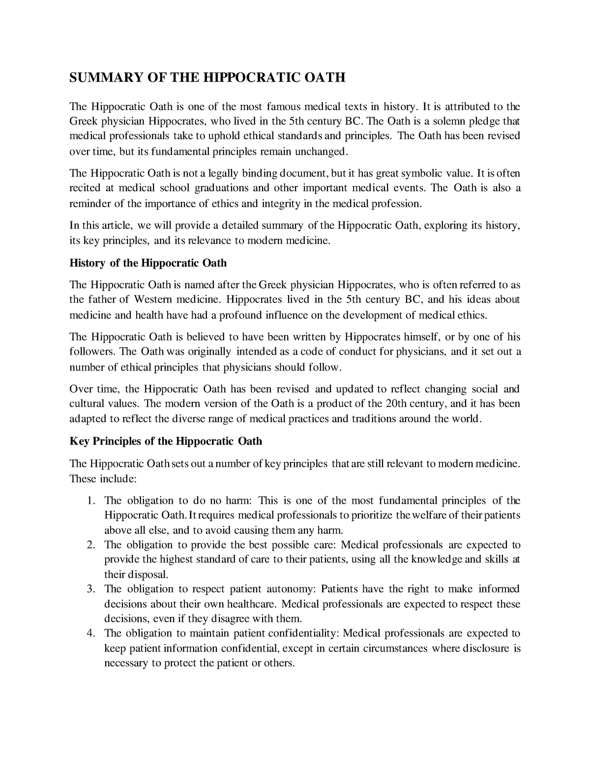 Summary Of The Hippocratic Oath Summary Of The Hippocratic Oath The