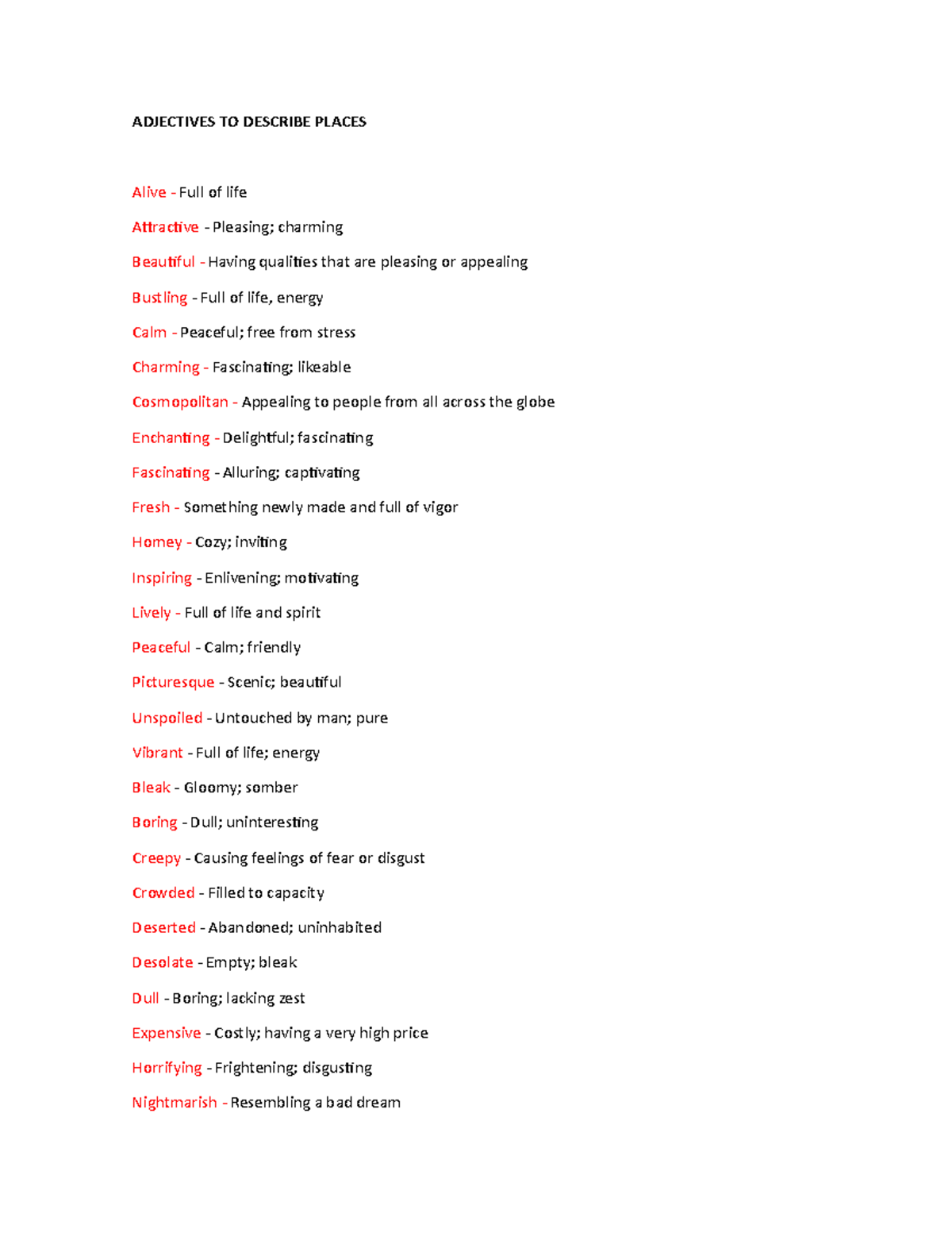 Adjectives TO Describe Places - ADJECTIVES TO DESCRIBE PLACES Alive ...