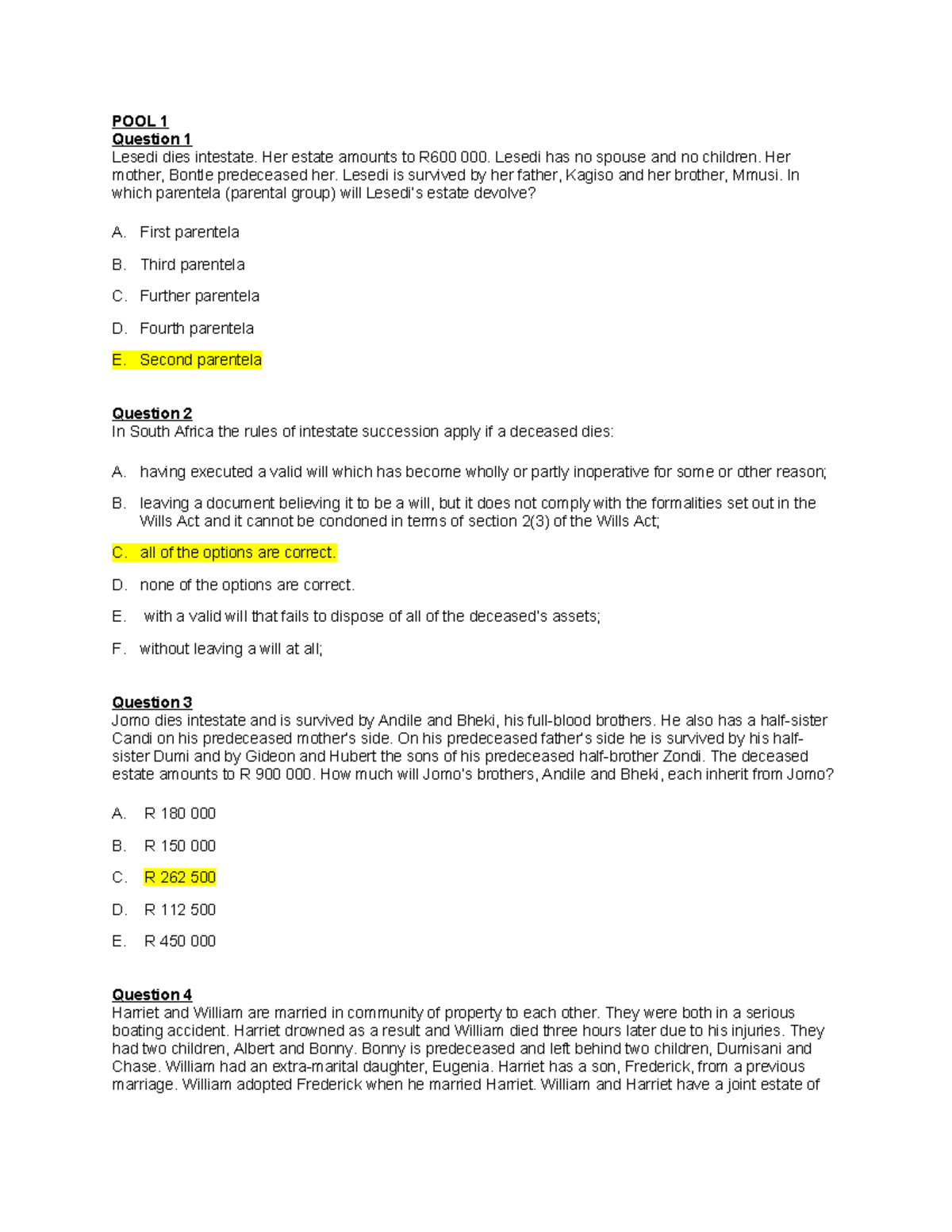 Succession Pool of Questions - POOL 1 Question 1 Lesedi dies intestate ...