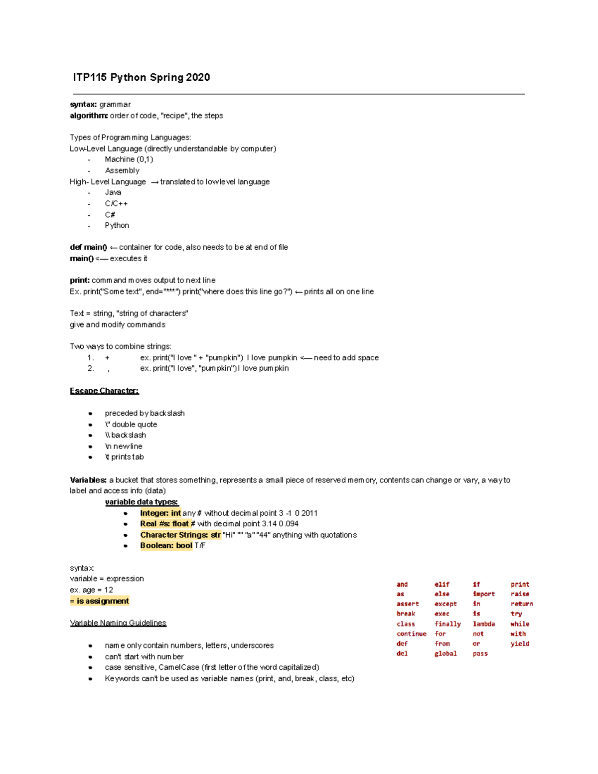 ITP115 Python Notes Spring 2020 part 1 - ITP115 Python Spring 2020 ...