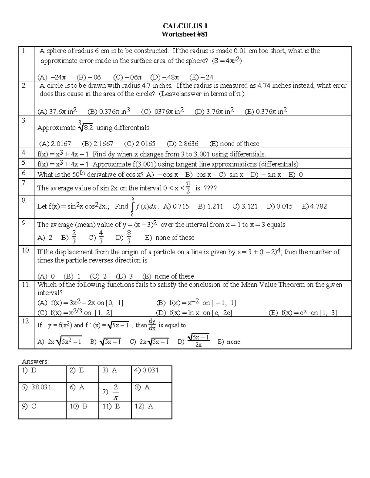 AB ws 081 Approximation - CALCULUS I Worksheet # A sphere of radius 6 ...