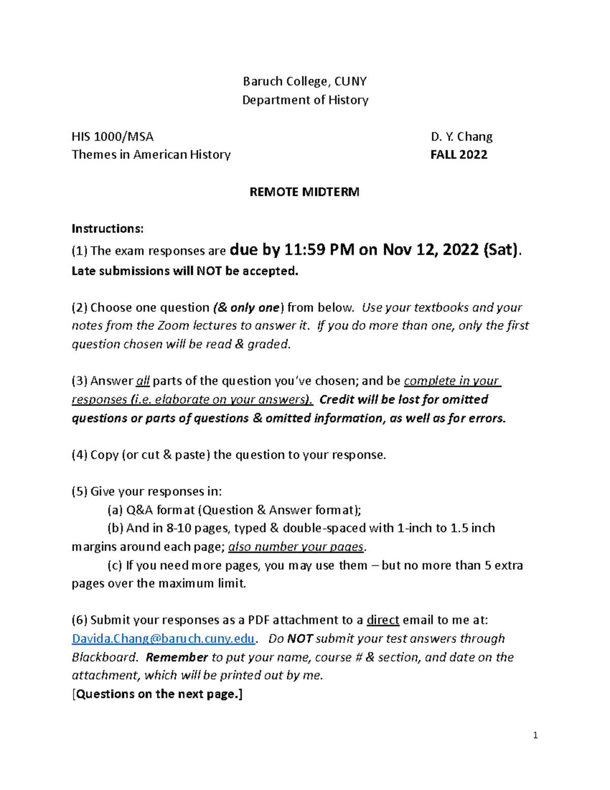 HIS 1000, MSA, Revised MIdterm, FALL 2022 Baruch College, CUNY