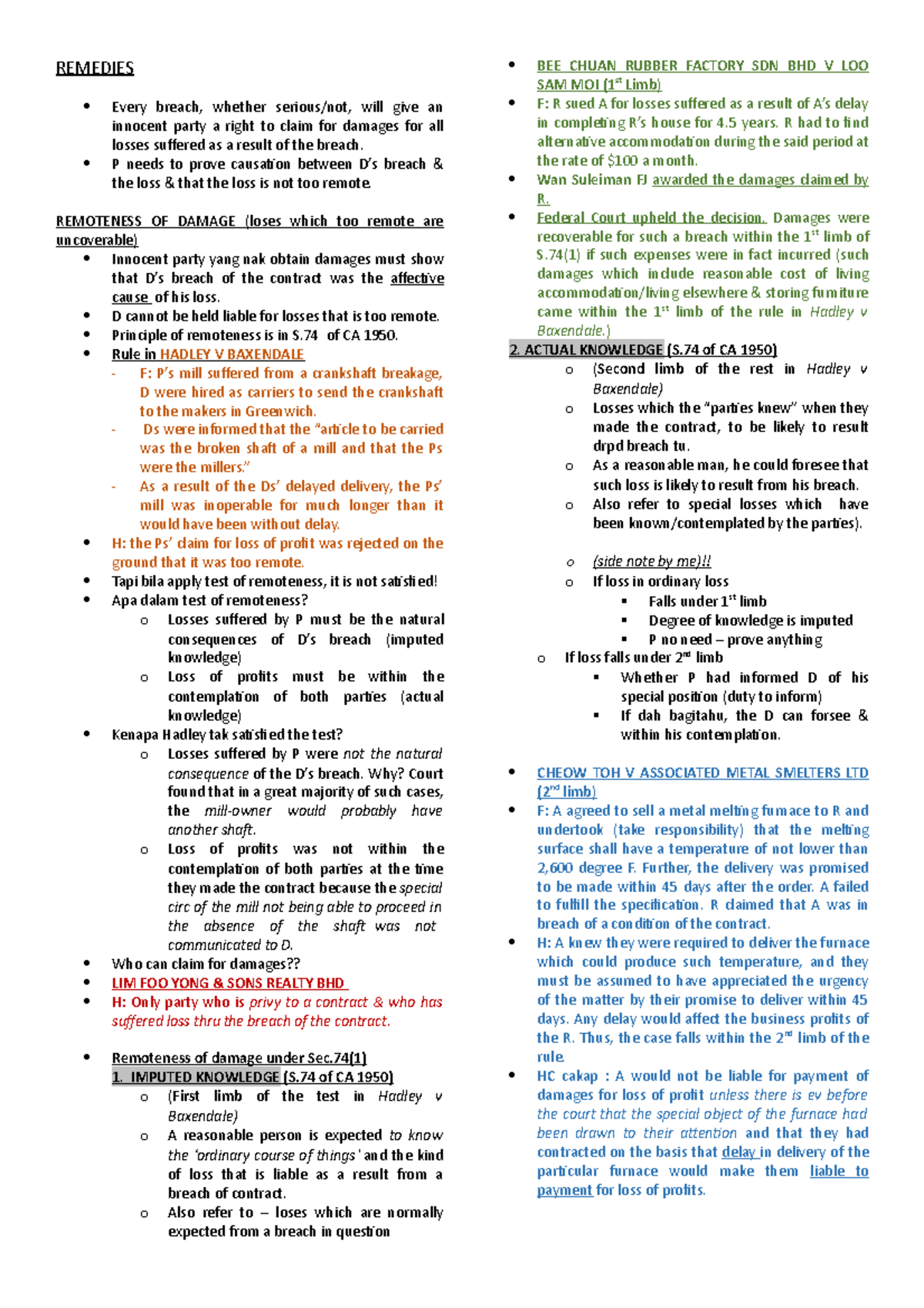 Remedies - study notes - REMEDIES Every breach, whether serious/not ...