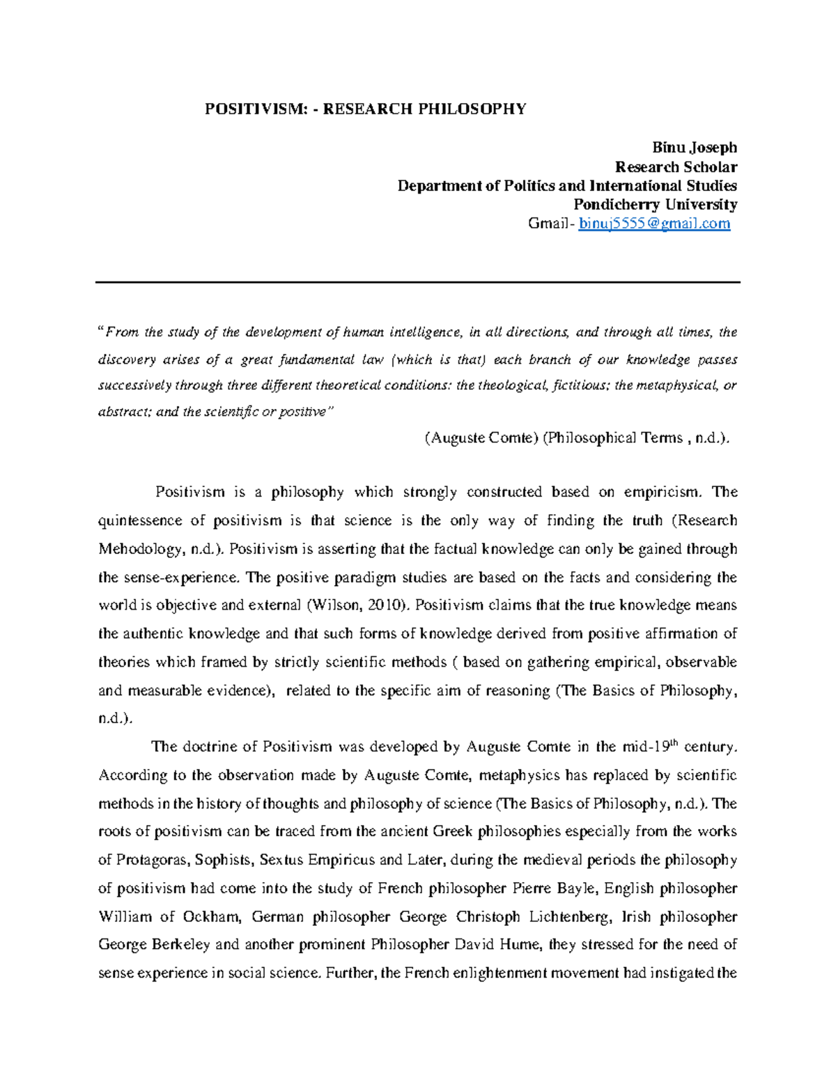 Positivism Research Philosophy - POSITIVISM: - RESEARCH PHILOSOPHY Binu ...