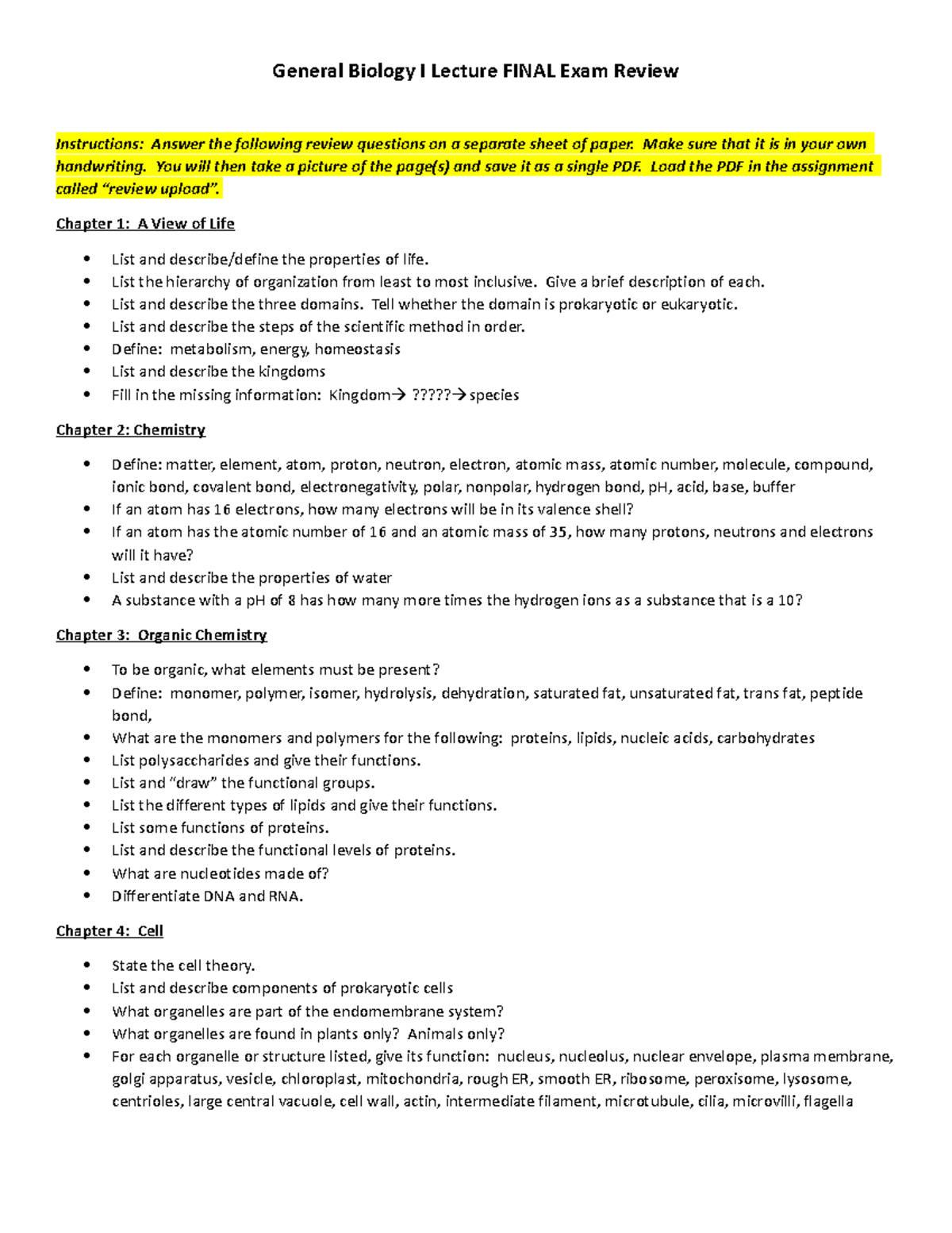 General Biology I Lecture Final Exam Review (updated Fall 21) - General ...