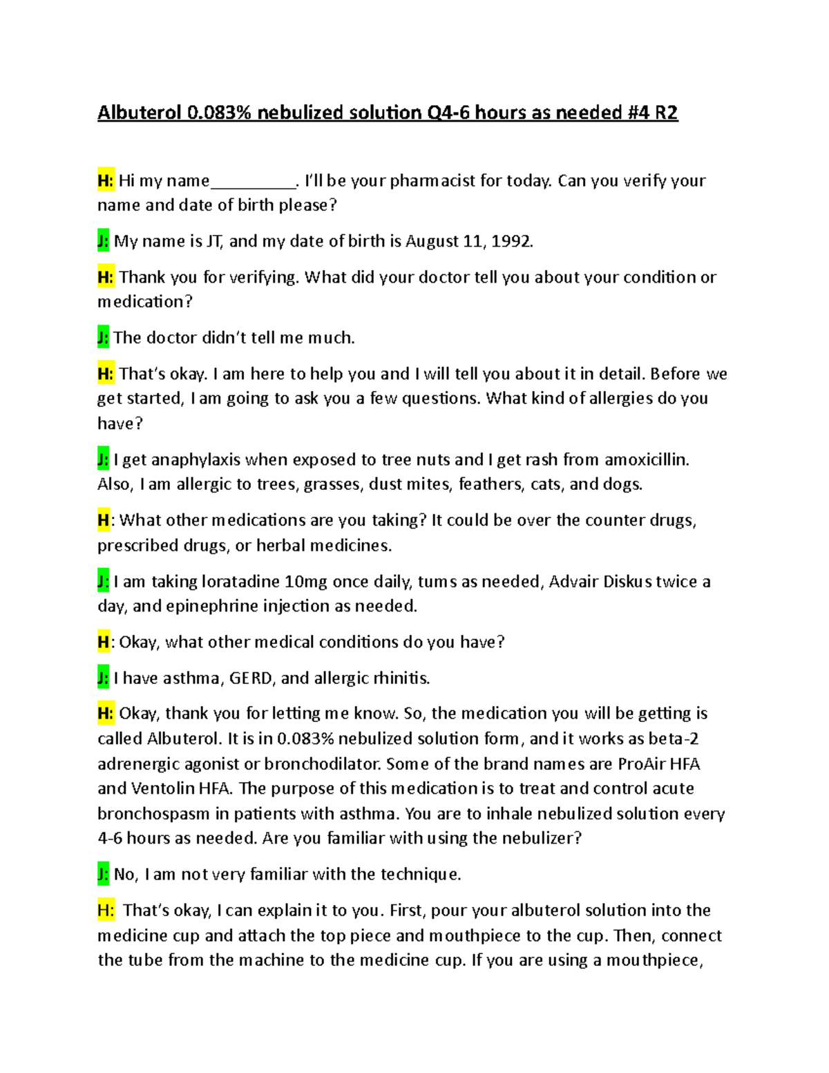 Virtual Counseling Script Albuterol 0 nebulized solution Q4 6