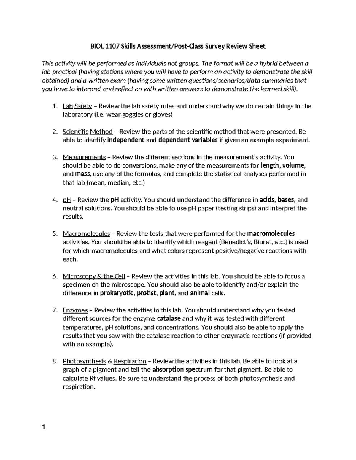 BIOL 1107L Final Assessment Review - Fri - BIOL 1107 Skills Assessment ...