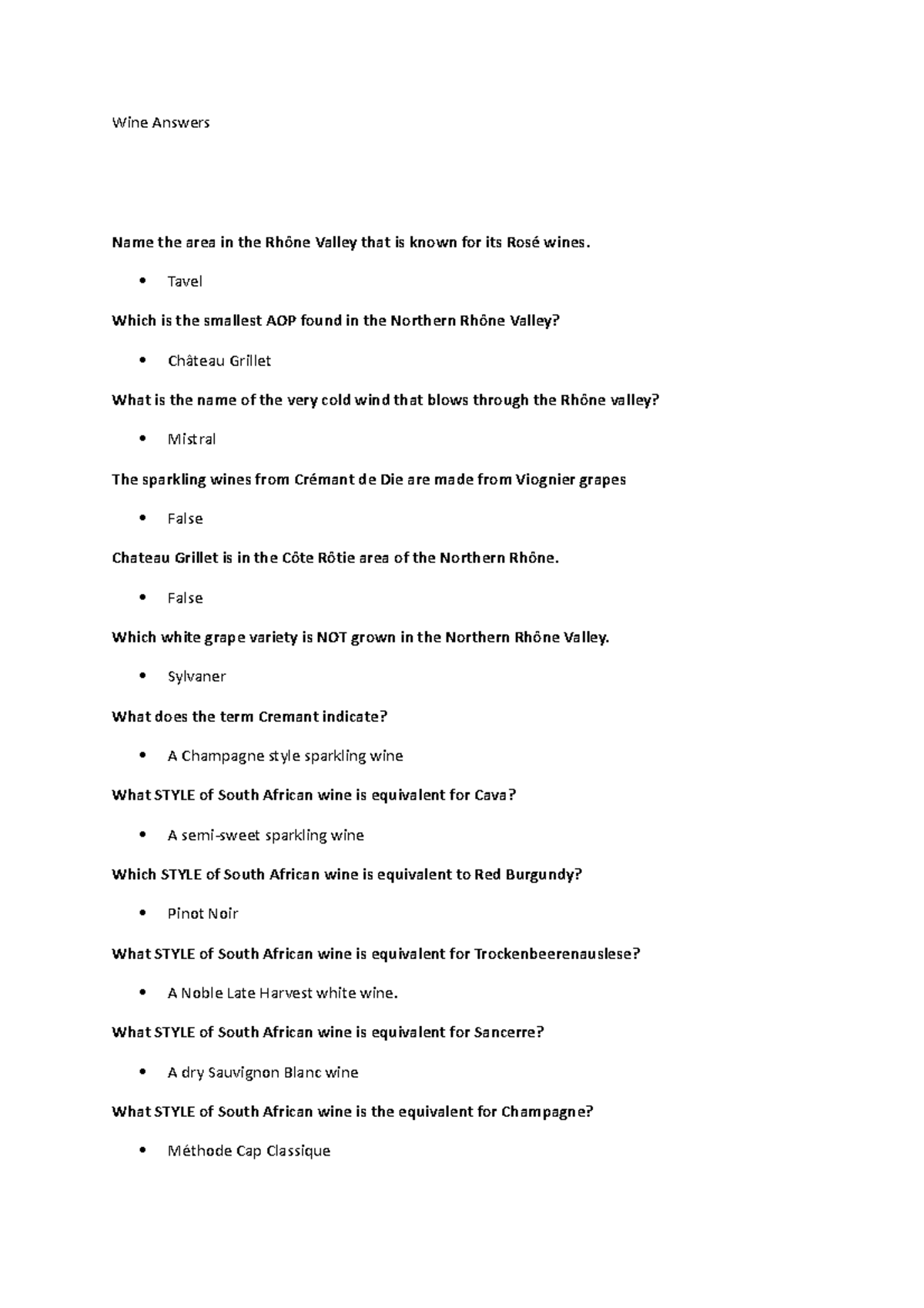 Wine Exam Qn A Exam for your wine preparation Wine Answers Name the