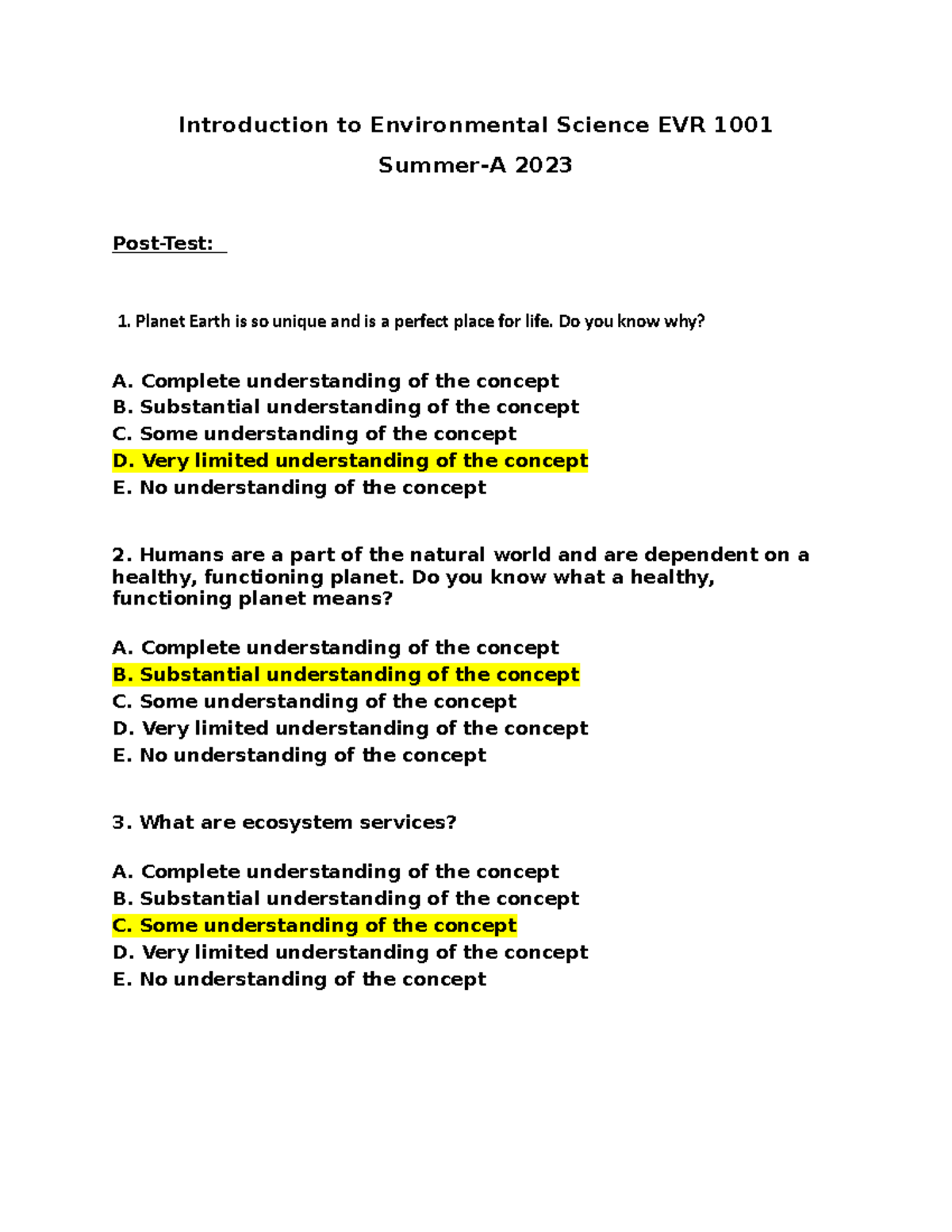 Post -Test Questions - Introduction To Environmental Science EVR 1001 ...