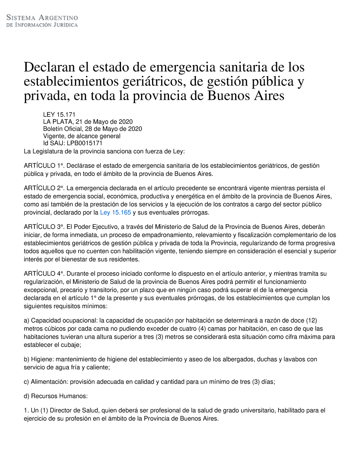 Ley 15171 Declaran el estado de emergencia sanitaria de los