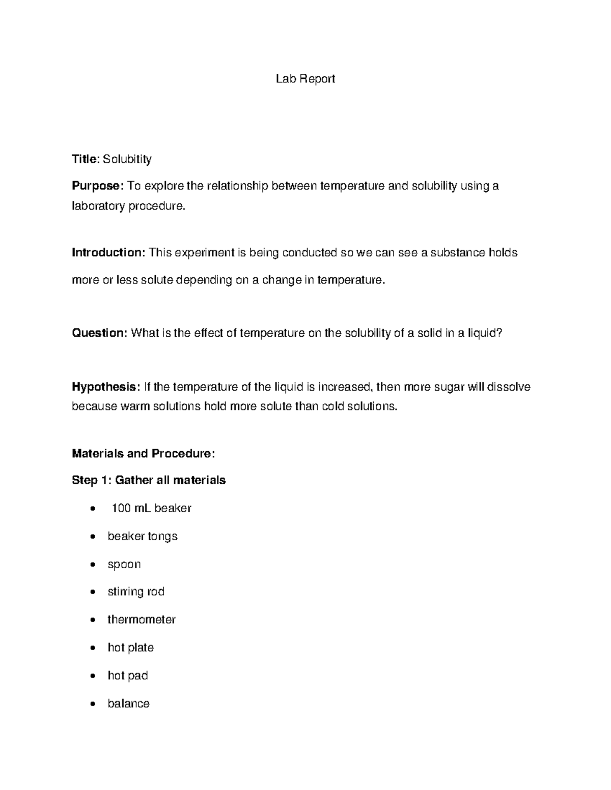 Solubility Lab Report desc Lab Report Title Solubitity Purpose To
