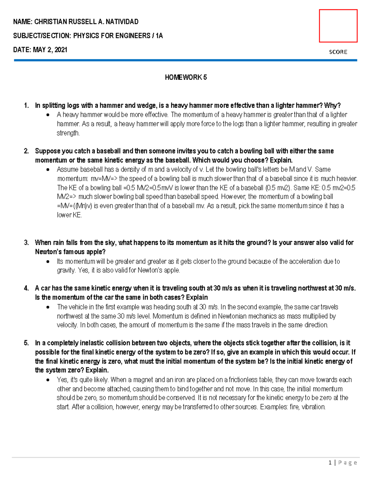 P HY1ME1A Homework 5 Natividad Christian Russell - College Physics 1 ...