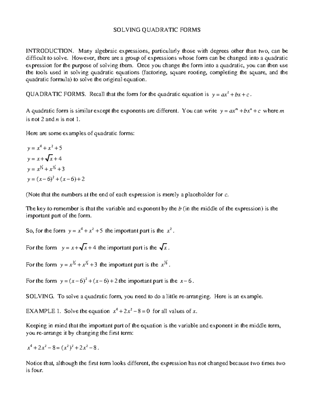 LN29- Quadratic Forms - SOLVING QUADRATIC FORMS INTRODUCTION. Many ...