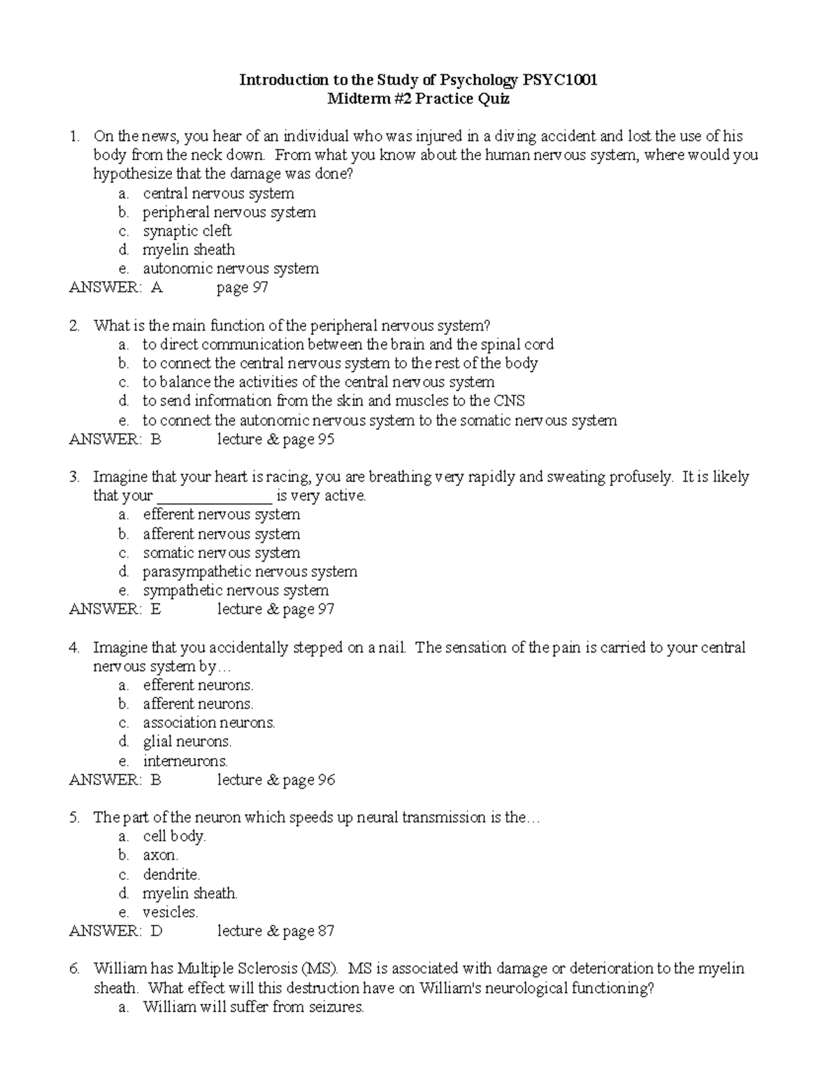 Psyc 1001, Midterm 2, Answers - Introduction To The Study Of Psychology ...