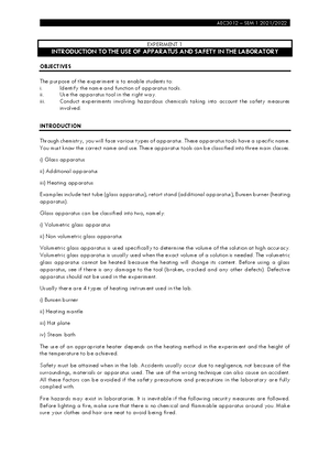 Exp 1 Introduction To The Use Of Apparatus And Safety In The Studocu