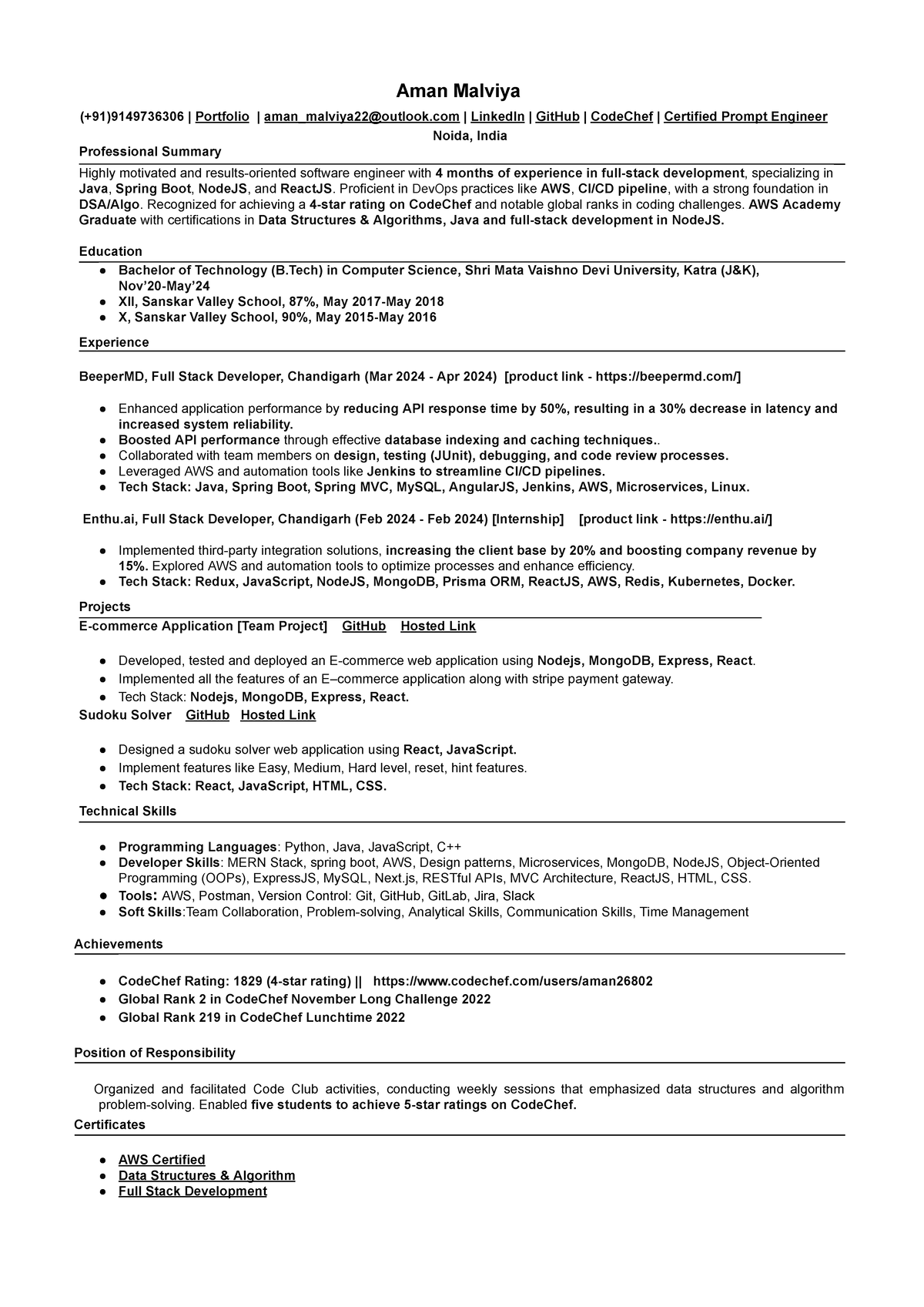 FULL Stack Developer - Aman Malviya (+91)9149736306 | Portfolio | aman ...