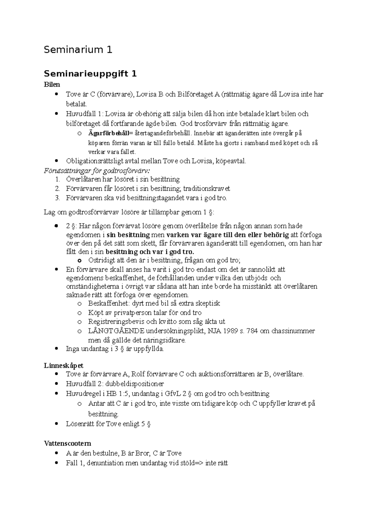 Seminarium 1 Sakrätt - Seminarium 1 Seminarieuppgift 1 Bilen Tove är C ...