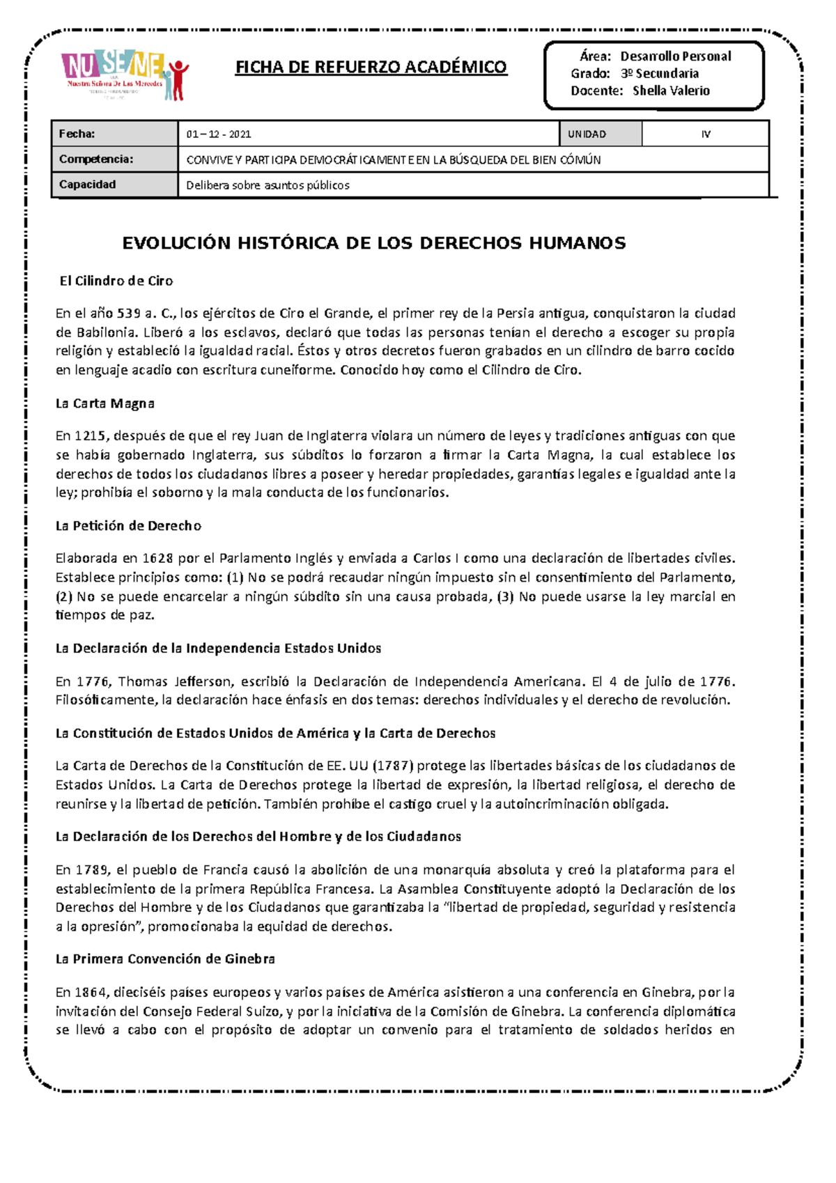 Tarea Derechos Humanos - Fecha: 01 – 12 - 2021 UNIDAD IV Competencia ...