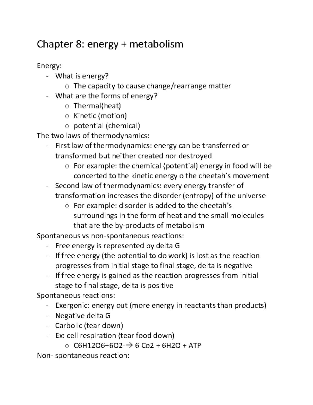 Chapter 8 notes - Energy and metabolism- Zeman - Chapter 8: energy ...