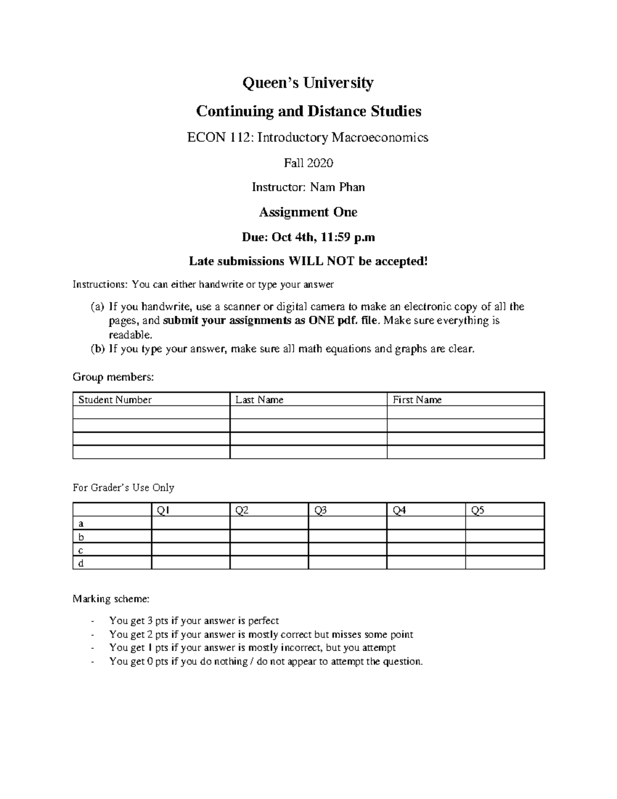 Assignment 12 - Queen’s University Continuing and Distance Studies ECON ...