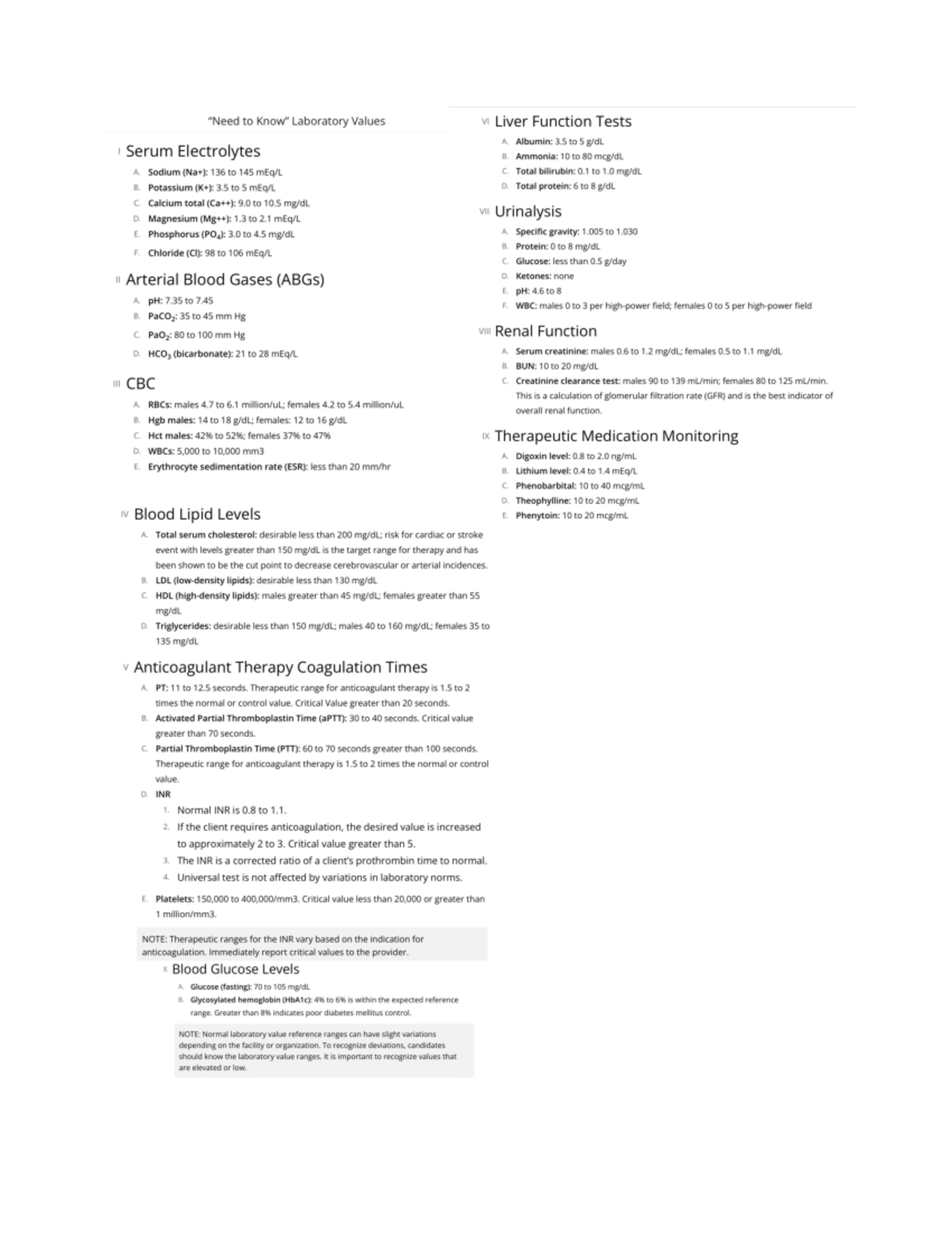Must know labs values - must lab knowing - Nurs 100 - Studocu