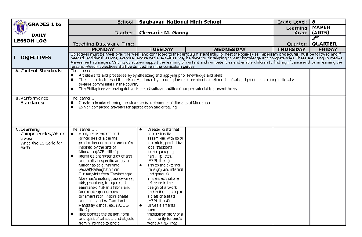 DLL- Mapeh Q3 ARTS WEEK 2 - GRADES 1 to 12 DAILY LESSON LOG School ...