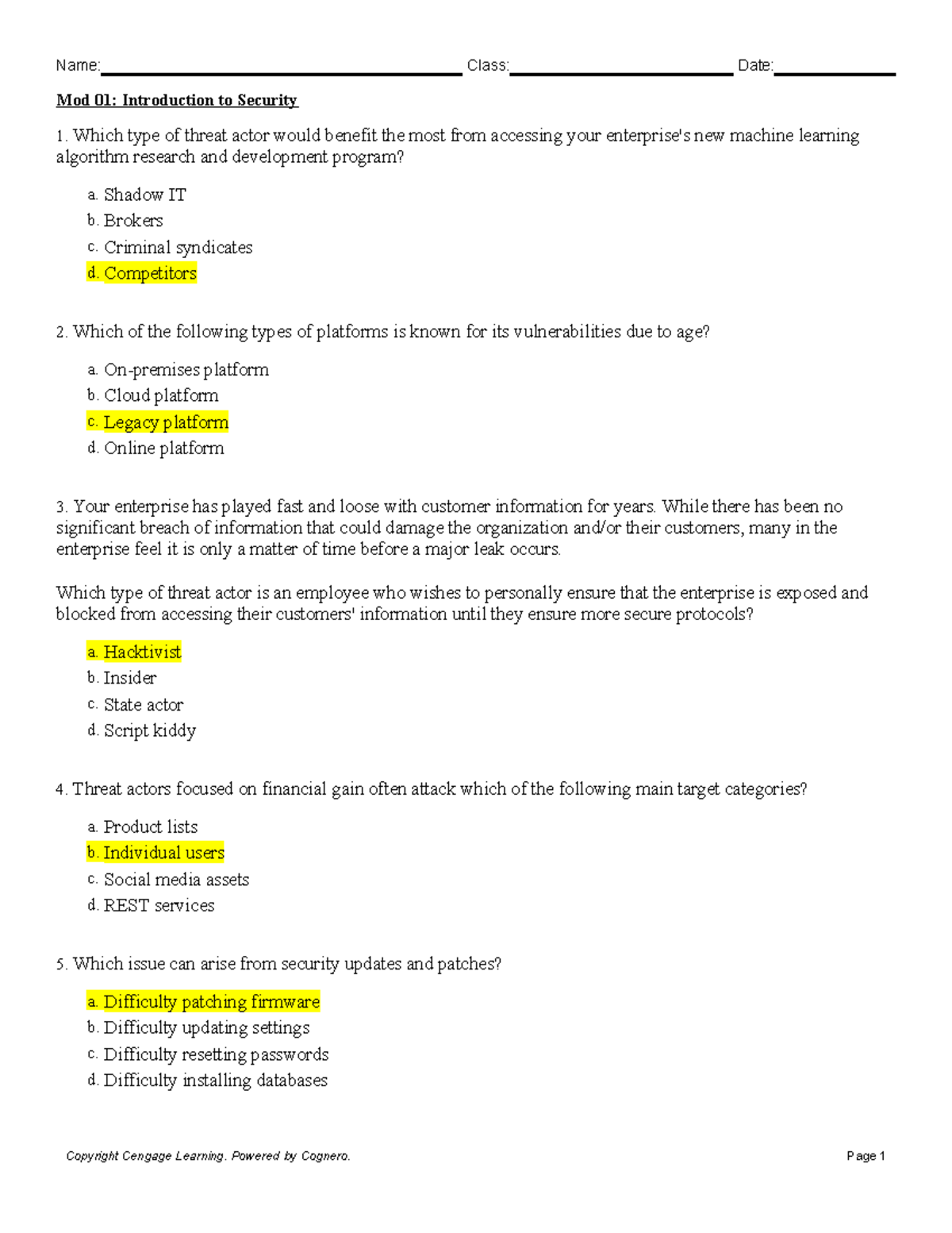 ITCS3320 Chapter 1 Introduction to Security - Name: Class: Date: Mod 01 ...