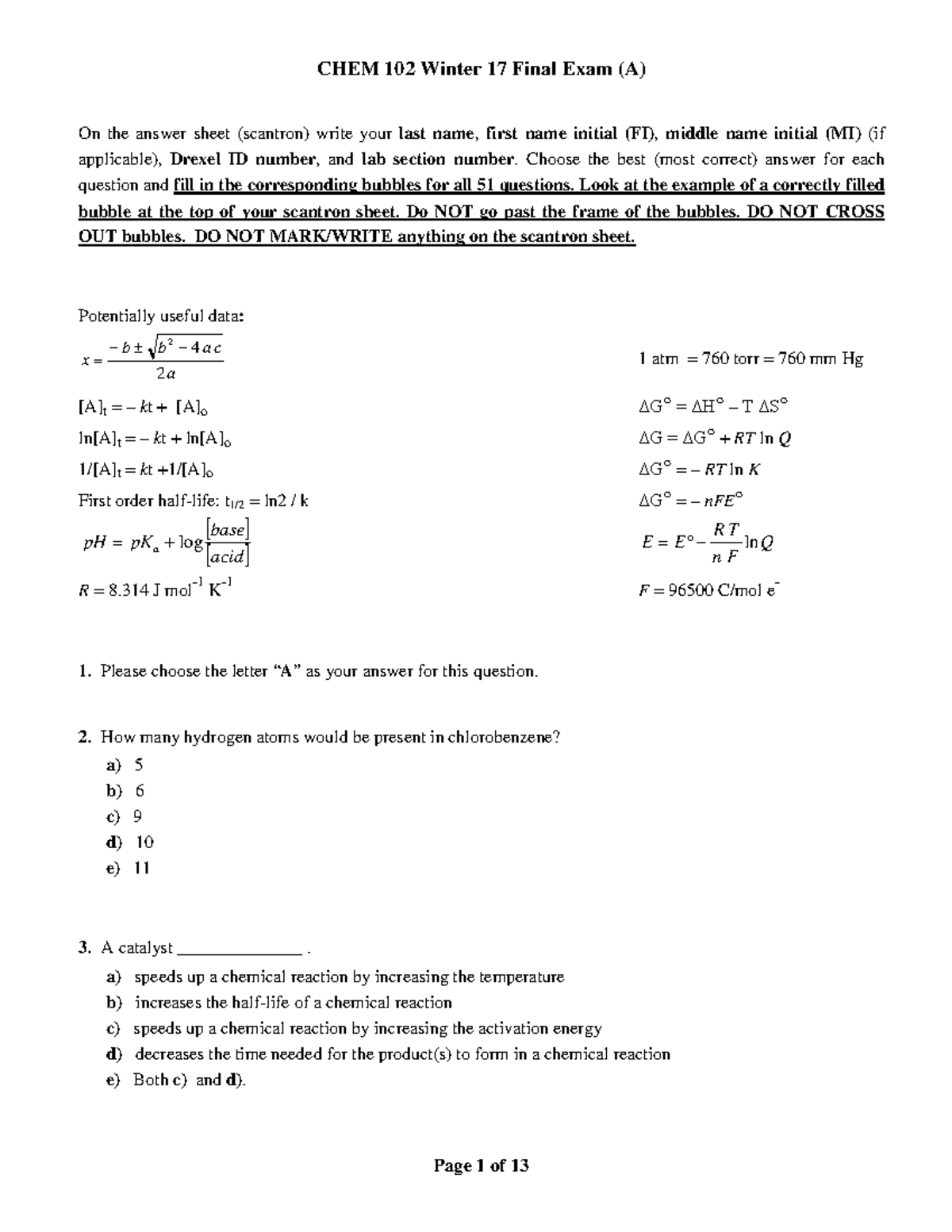 final exam 2017 - CHEM 102 Winter 17 Final Exam (A) On the answer sheet ...
