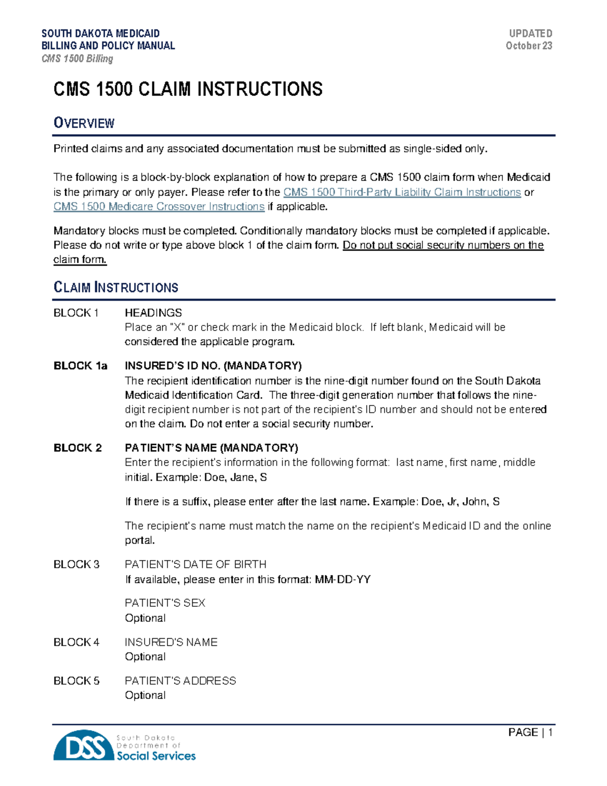 CMS 1500 Claim Instructions - BILLING AND POLICY MANUAL CMS 1500 ...