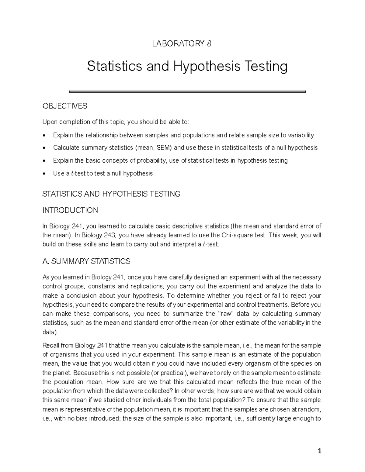 W24 Lab 8 T-Test Manual - Lab 8 - LABORATORY 8 Statistics And ...