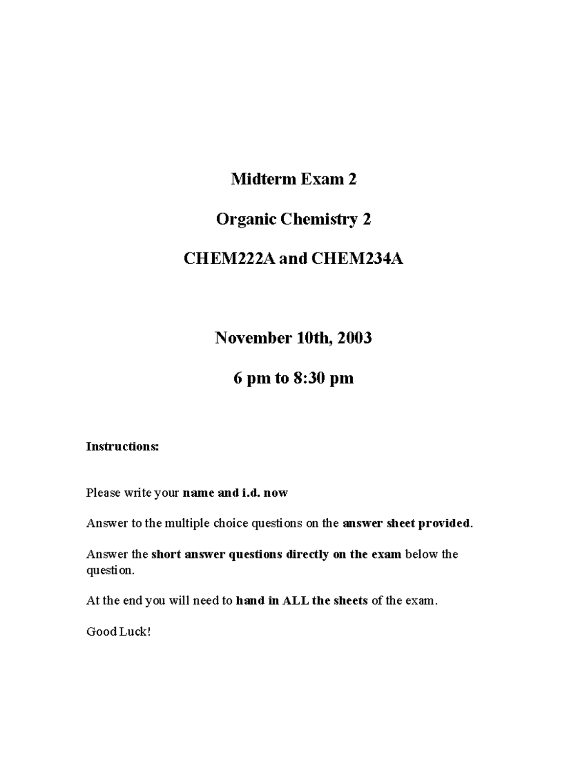 2003 Midterm 2 organic chemistry 2 - Organic Chemistry 2Midterm Exam 2 ...