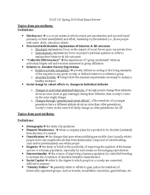 SOCI101Spring 2019 Midterm Review Sheet - SOCI 101 Spring 2019 Midterm ...