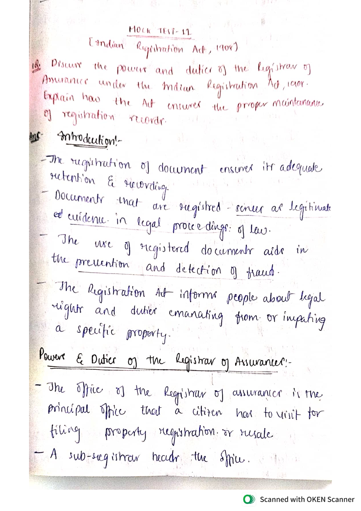 Indian registration act mock test - LLB LAW (Honors - Studocu