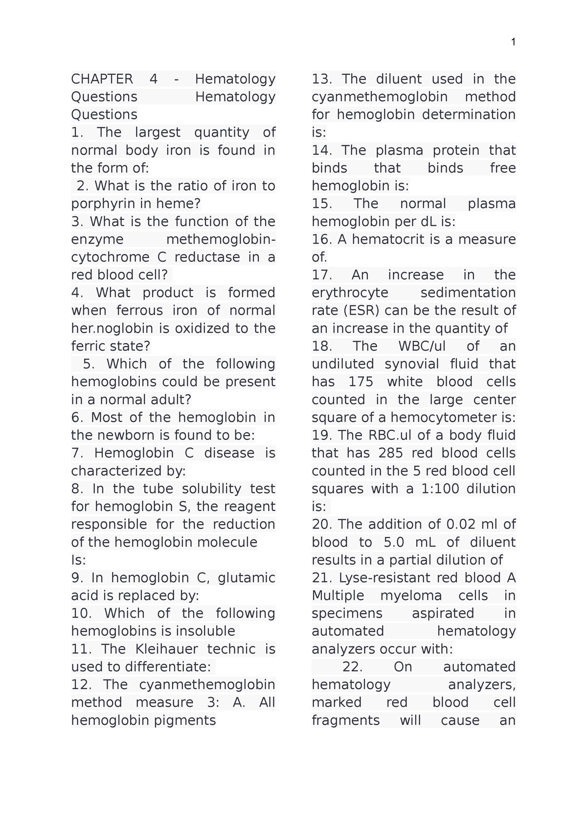 short essay questions in hematology