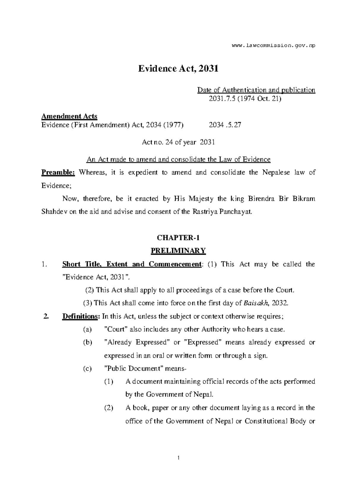 Evidence act 2031 1974 - evidene act of nepal - lawcommission.gov ...