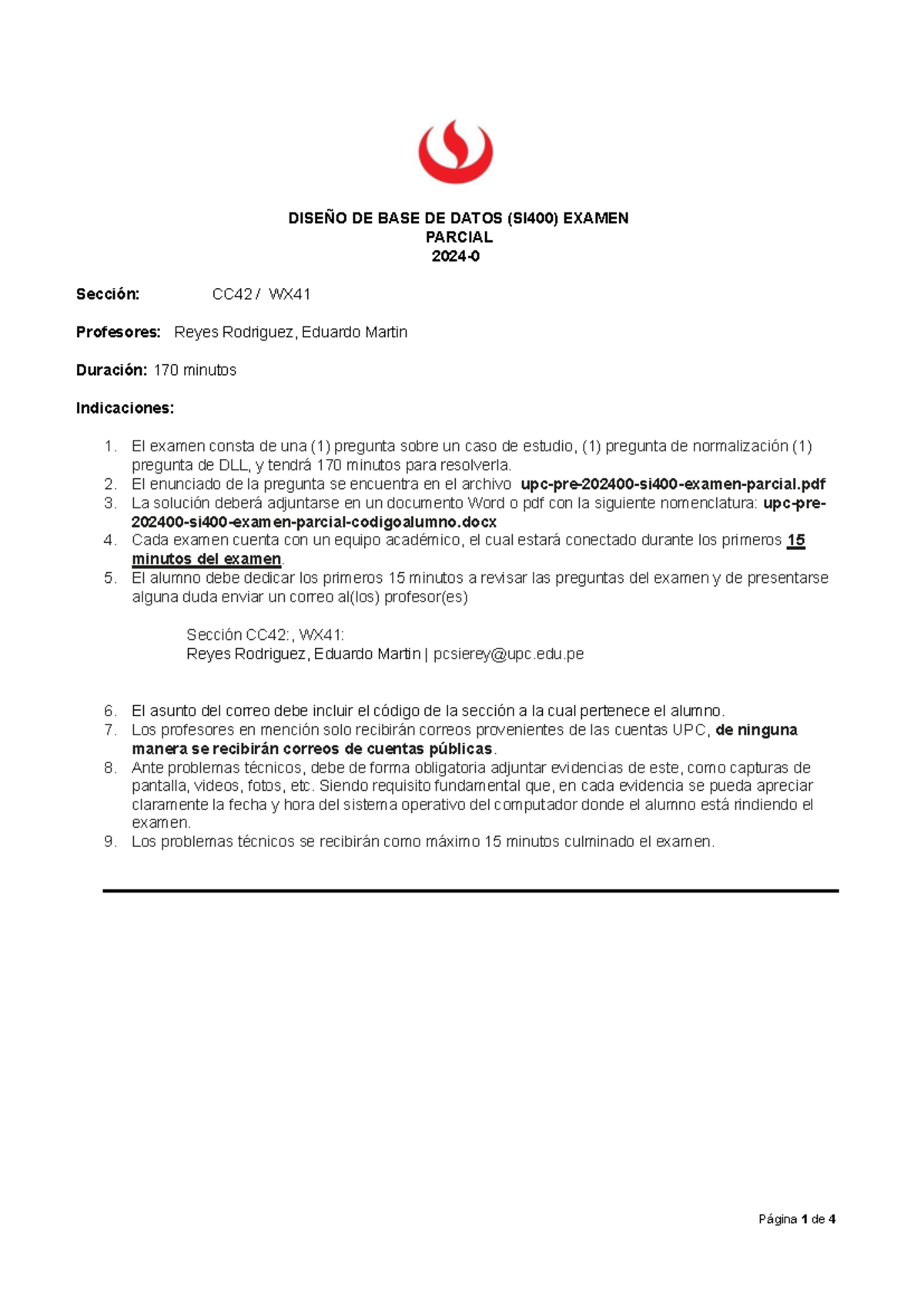 Upc pre 202400 si400 examen parcial DISEÑO DE BASE DE DATOS SI400