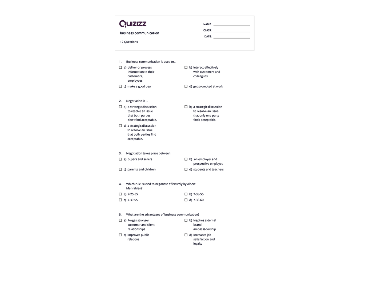 Business Communication Print - Quizizz - NAME : CLASS : DATE : 1. 2. 3 ...