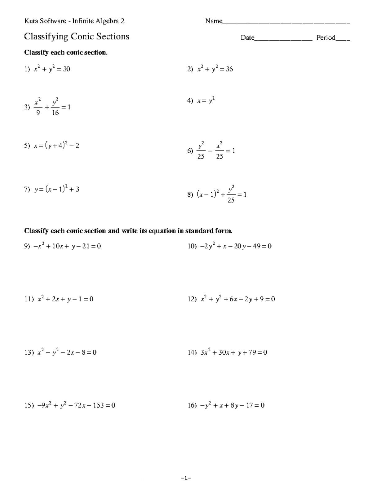 Classifying Conic Sections - ©f B 240 y 1 G 2 p MKJu 2 tAa 1 7 ...