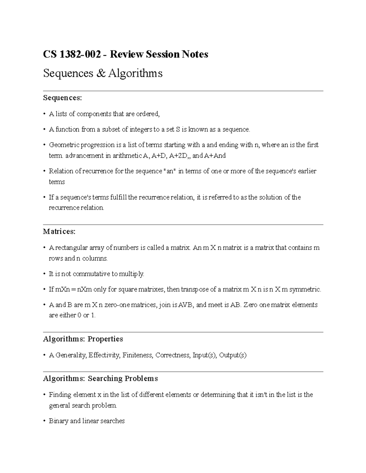 CS 1382 Review Notes - Sequences & Algorithms - CS 1382-002 - Review ...