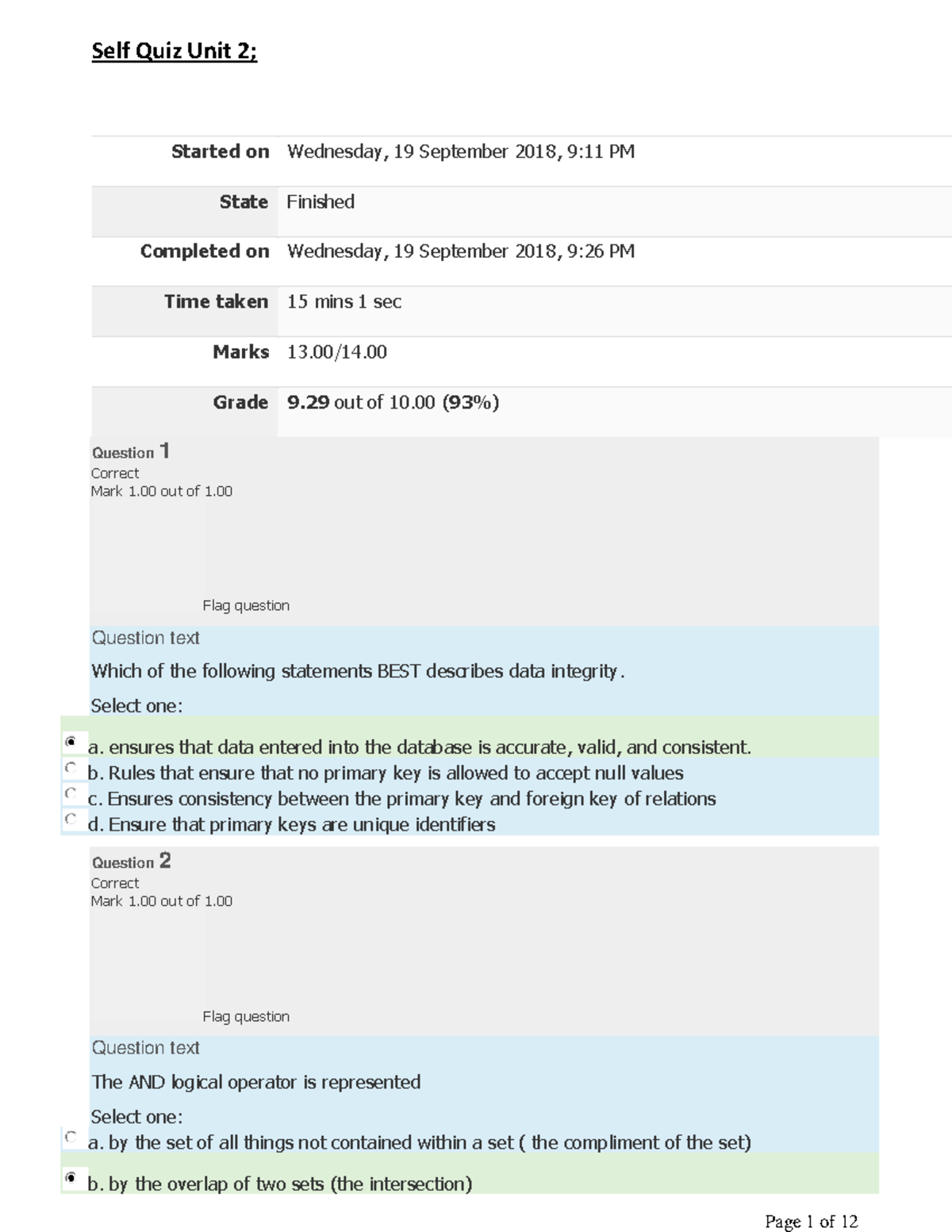 02-All Quizzes Compiled - Self Quiz Unit 2; Started on Wednesday, 19 ...