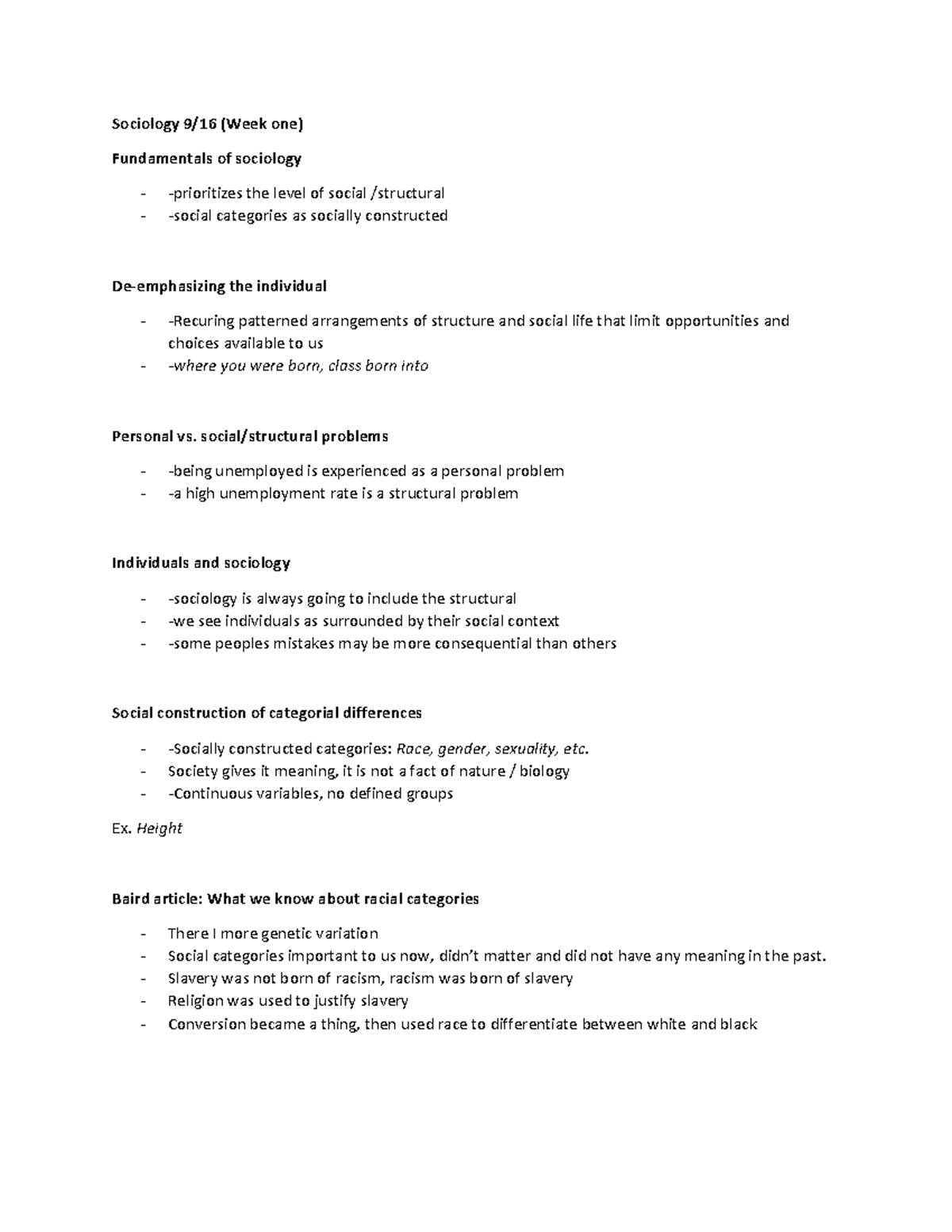 Intro To Sociology Week 1 Notes - Sociology 9/16 (Week one ...