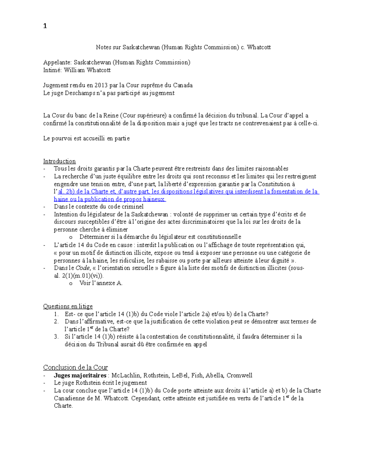 Notes sur Whatcott - Résumé de l'arrêt - Notes sur Saskatchewan (Human ...