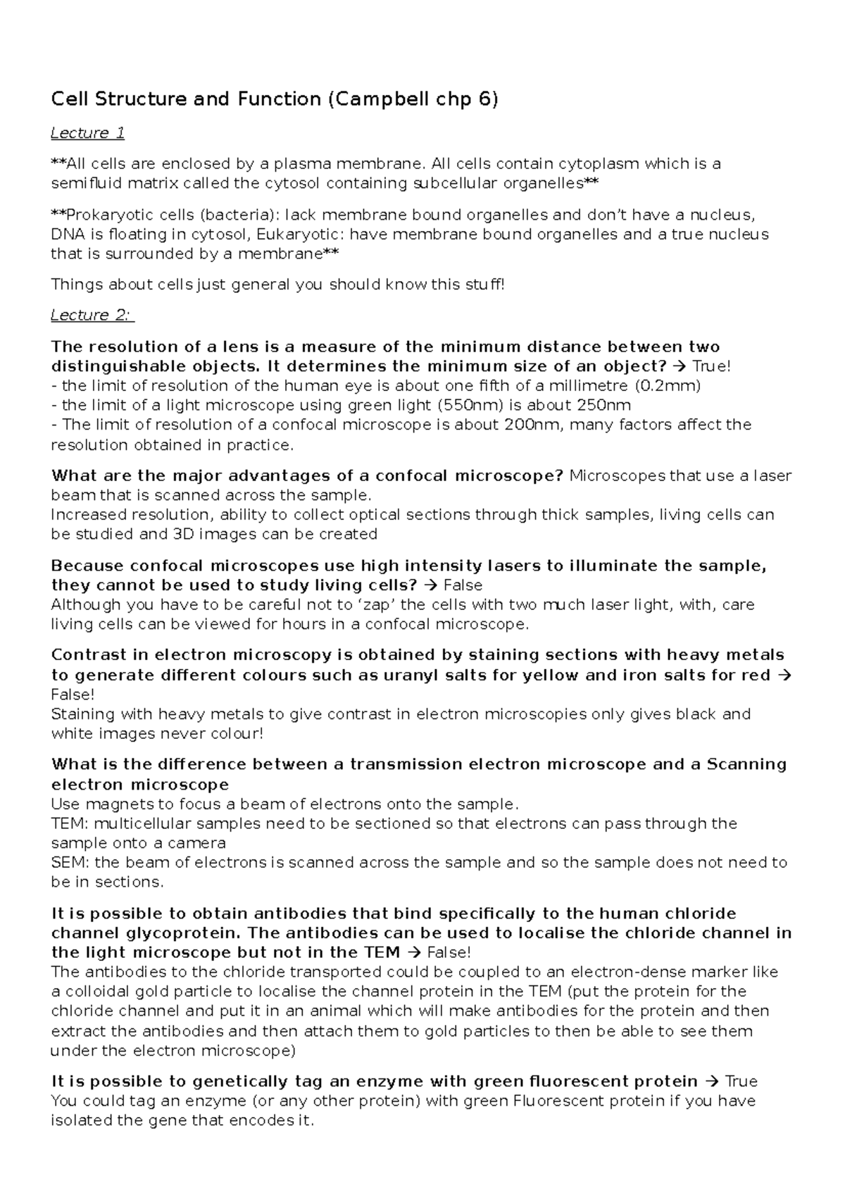 Summary - Cell Structure and Function Exam Study - Cell Structure and ...