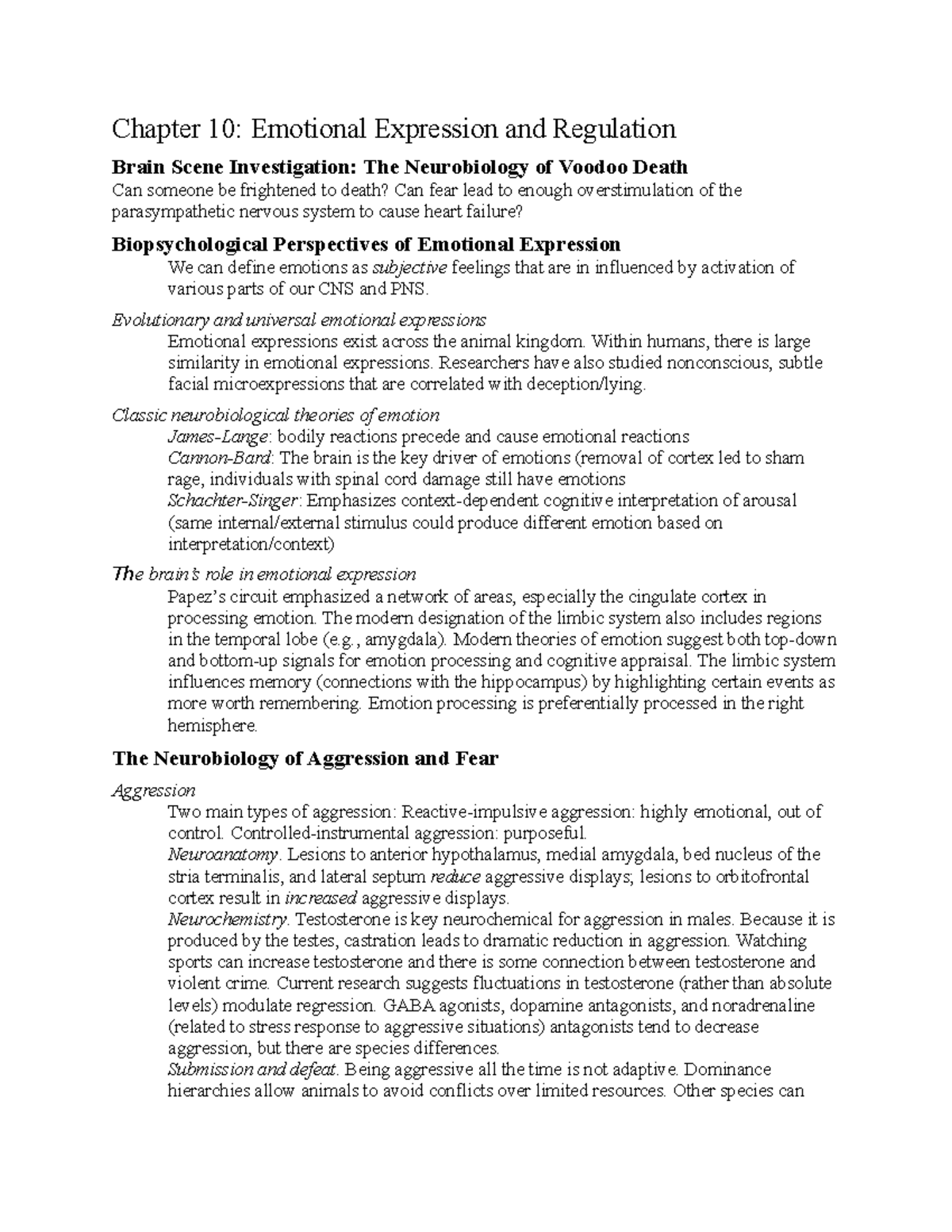 Chapter 10 - Lecture notes 10 - Chapter 10: Emotional Expression and ...
