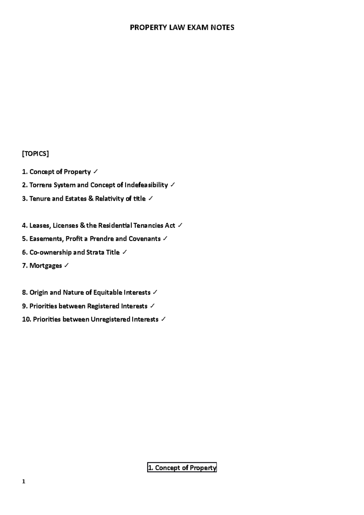 Property Exam Notes - PROPERTY LAW EXAM NOTES [TOPICS] 1. Concept of ...